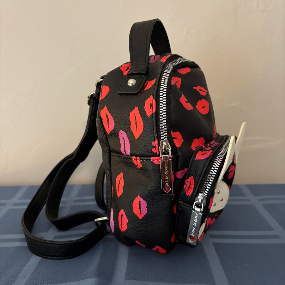 Betsey Johnson French Bulldog Lips & Kisses Black Mini Backpack - Picture 2 of 11